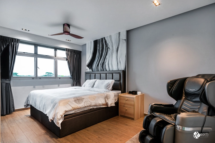 Small master bedroom with warm wooden tones and minimalist design.