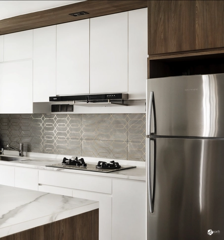 Narrow kitchen layout with light wood tones, bright lighting, and functional storage solutions.