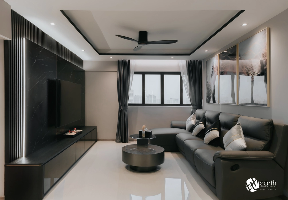 Modern living room setup with black and white tones, creating a luxurious and elegant vibe.